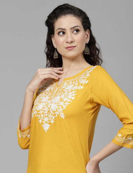 Musturd White Aari Short Kurti For Women