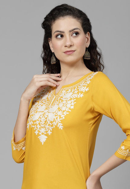 Musturd White Aari Short Kurti For Women