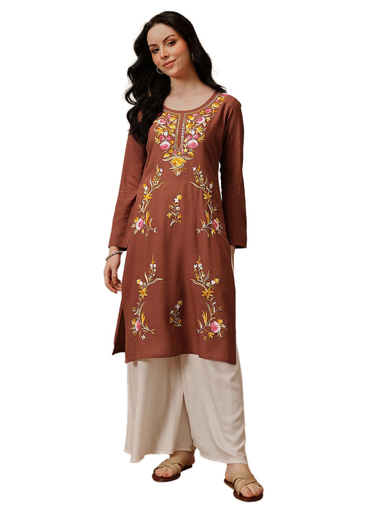 Qazmi Women's Sahar Kashmiri Aari Work Straight Kurta