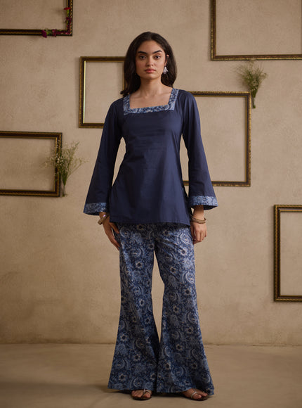 Jia Navy Blue pure cotton kurti with floral-printed flared pants, image 1