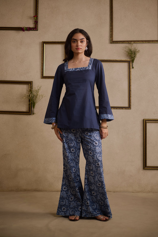 Jia Navy Blue pure cotton kurti with floral-printed flared pants, image 1