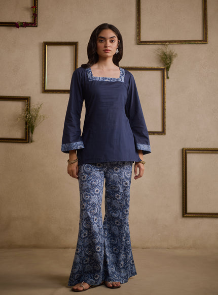 Jia Navy Blue pure cotton kurti with floral-printed flared pants, image 4