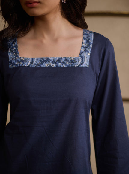 Jia Navy Blue pure cotton kurti with floral-printed flared pants, image 5