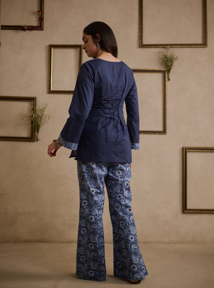 Jia Navy Blue pure cotton kurti with floral-printed flared pants, image 6