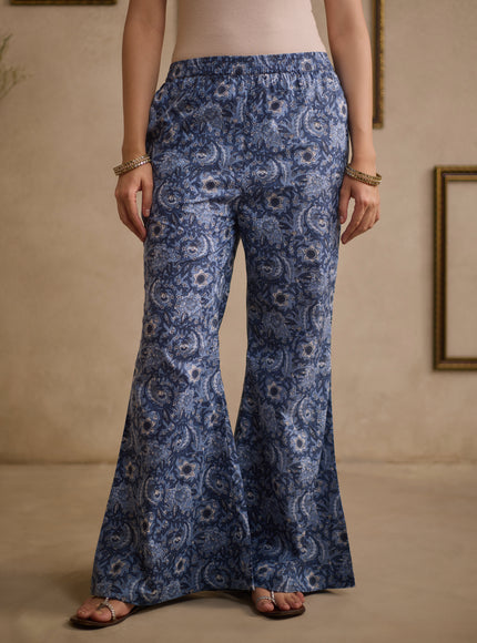 Jia Navy Blue pure cotton kurti with floral-printed flared pants, image 7