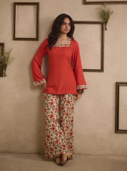 Jia Rust Orange pure cotton kurti with floral-printed flared pants, image 1