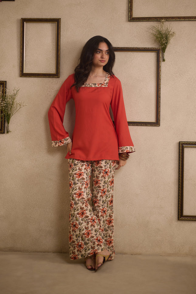 Jia Rust Orange pure cotton kurti with floral-printed flared pants, image 1