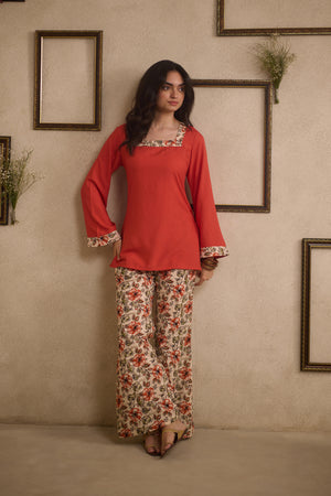 Jia Women's Pure Cotton Square-Neck Kurti & Floral-Printed Pants Co-Ord Set