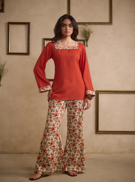 Jia Rust Orange pure cotton kurti with floral-printed flared pants, image 3