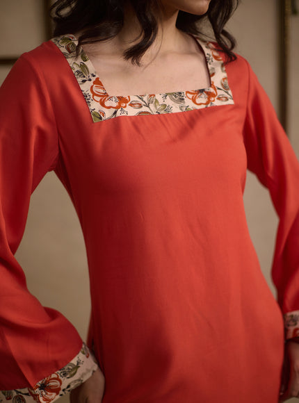 Jia Rust Orange pure cotton kurti with floral-printed flared pants, image 5