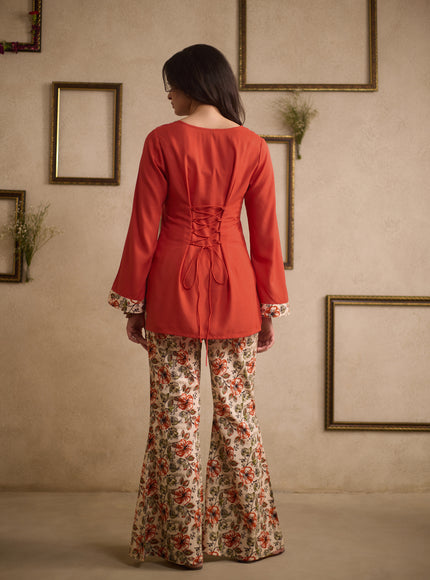 Jia Rust Orange pure cotton kurti with floral-printed flared pants, image 6